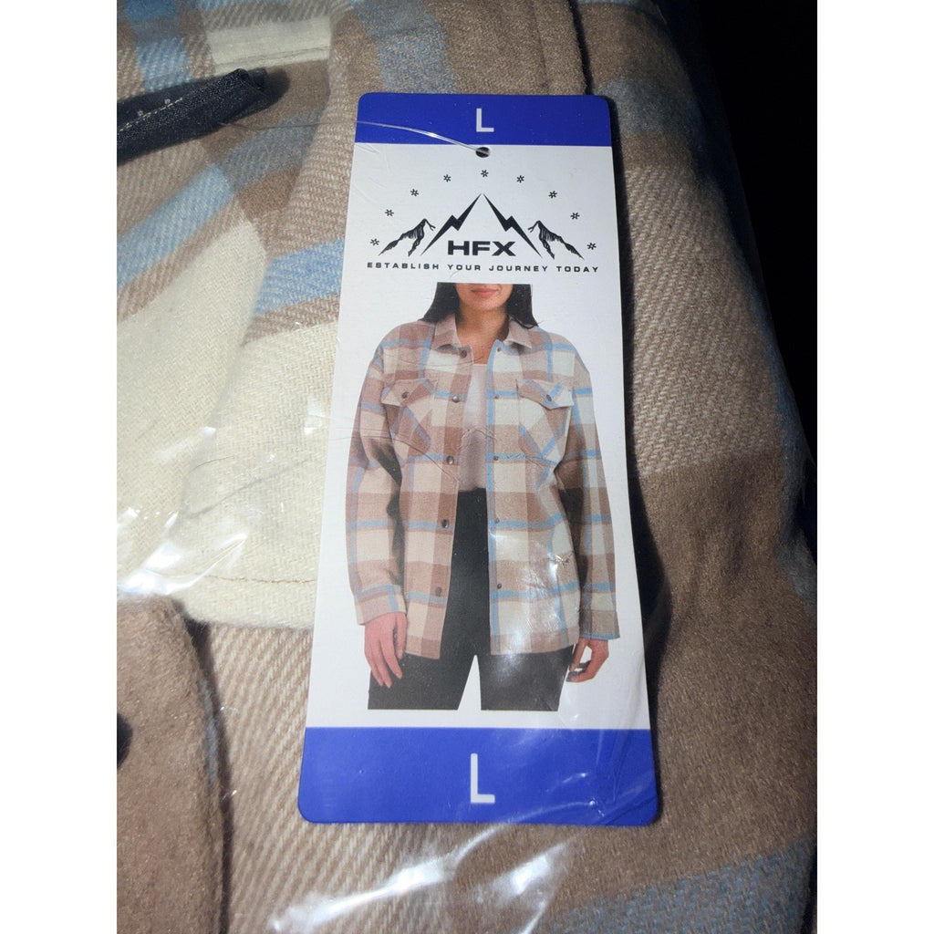 NWT HFX Plaid Shirt Jacket Shacket Size Large Beige Blue