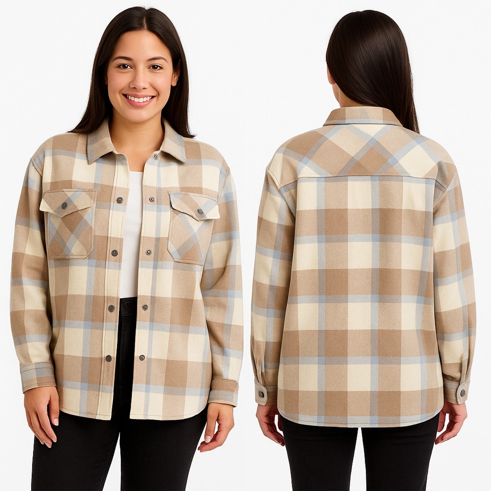 NWT HFX Plaid Shirt Jacket Shacket Size Large Beige Blue