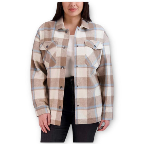 NWT HFX Plaid Shirt Jacket Shacket Size Large Beige Blue
